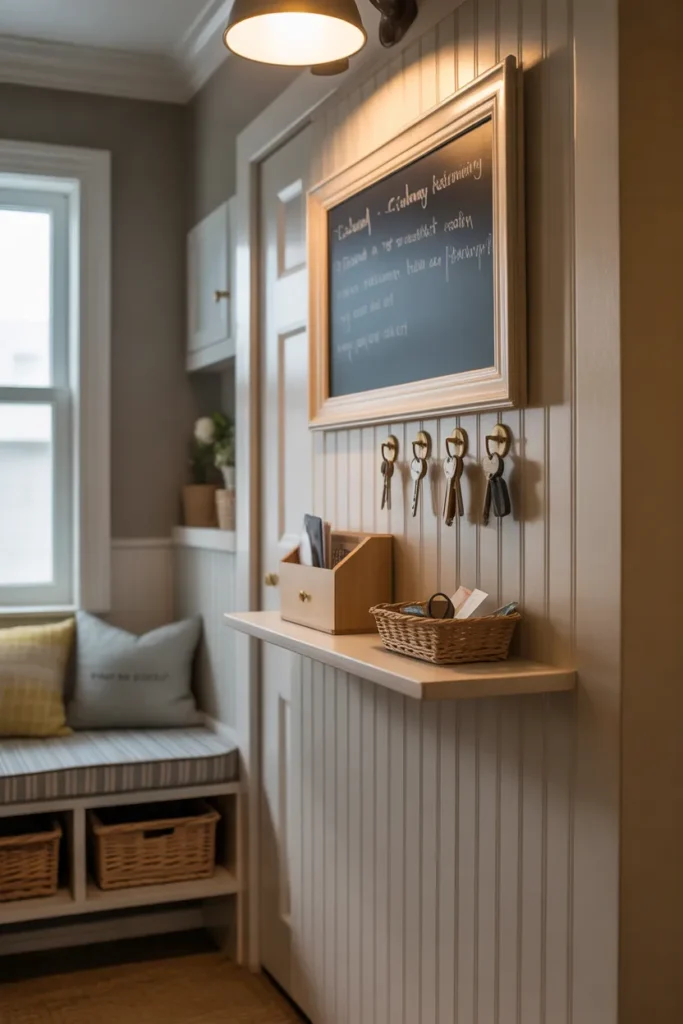 A mudroom wall with a built-in narrow command shelf at shoulder height