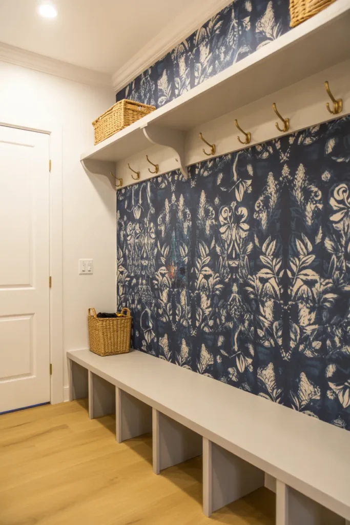 A mudroom with a bold deep navy and white botanical print wallpaper
