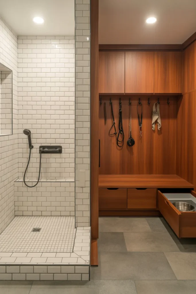 A mudroom with a dedicated dog wash station