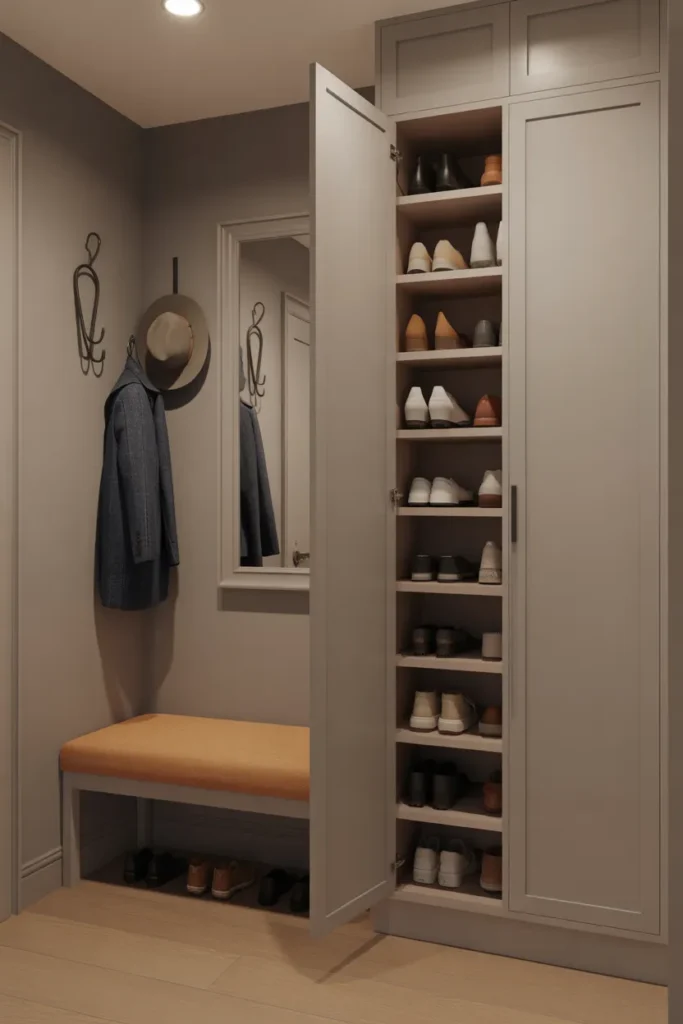 A mudroom with a full-height built-in shoe storage