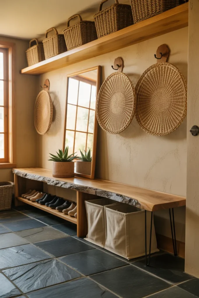 A mudroom with all natural materials