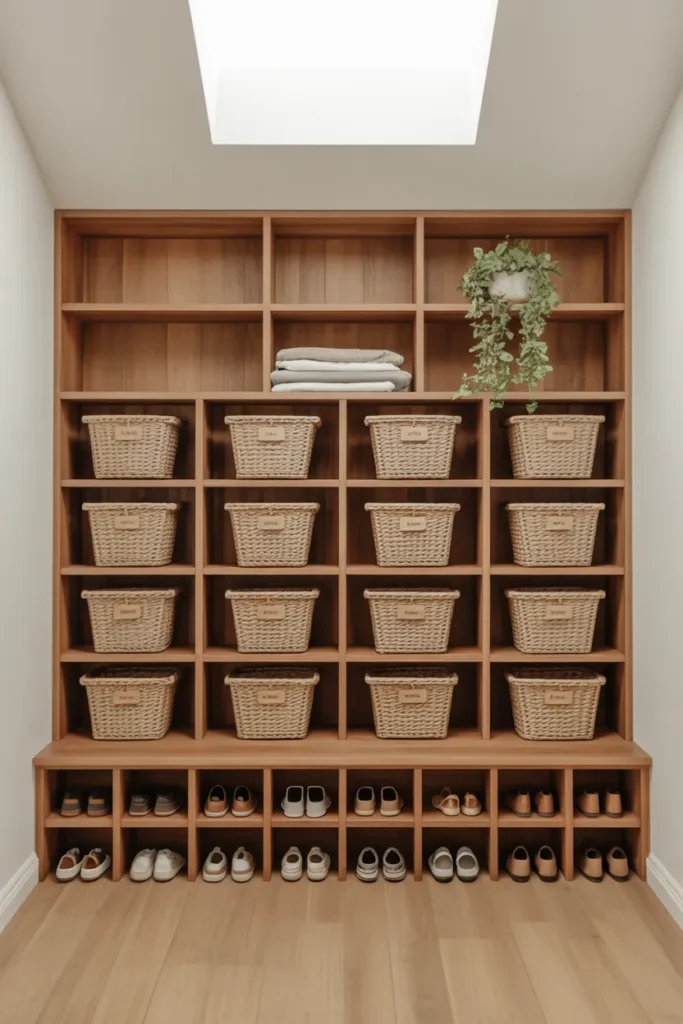 A mudroom with floor-to-ceiling open cubby shelving unit