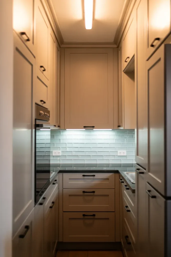 A narrow galley kitchen with cabinets painted in a continuous warm greige