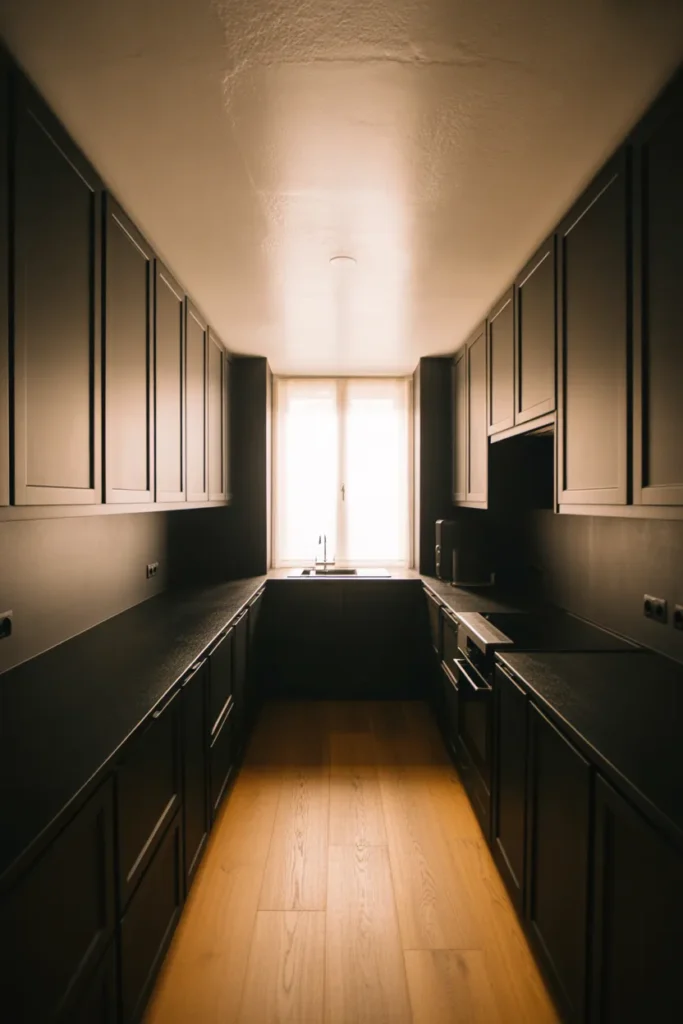 A narrow galley kitchen with matte black cabinets on both sides