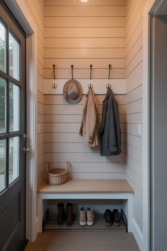 A narrow mudroom entryway with a wall-mounted white painted wood bench at 18 inches height