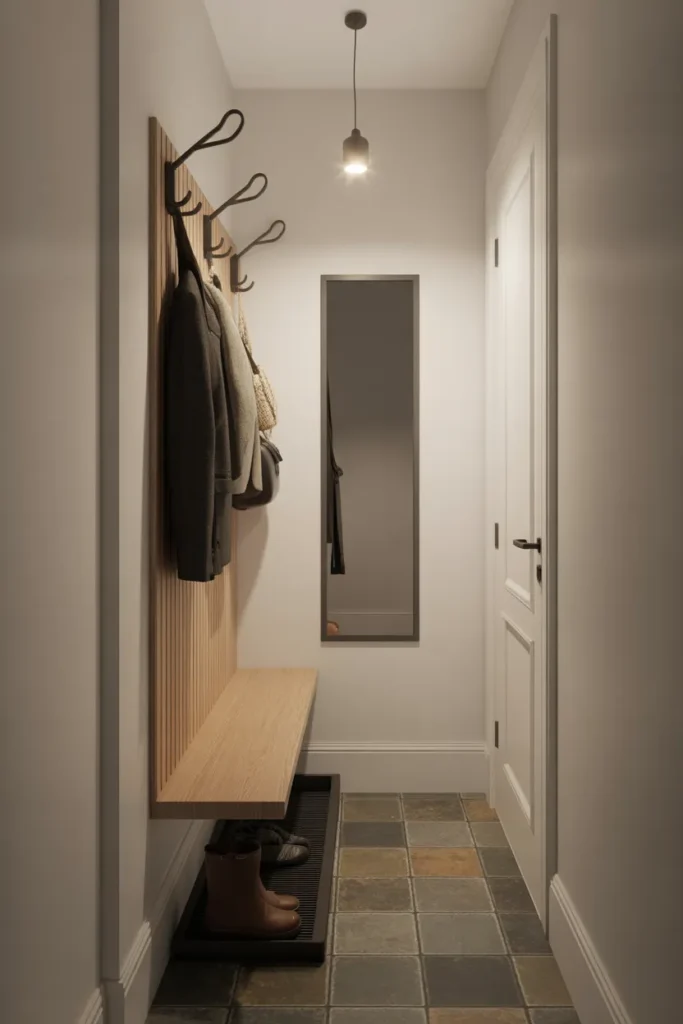 A narrow side-entry hallway mudroom