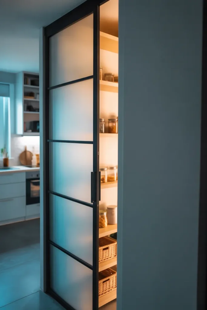 A pantry closet with a frosted glass panel sliding door