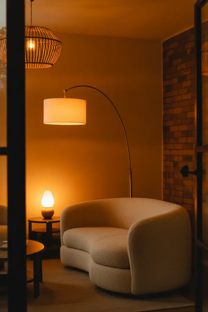 A rattan pendant hangs from the ceiling