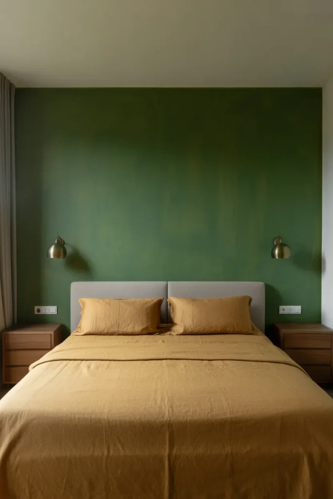 A single dark forest-green limewash accent wall