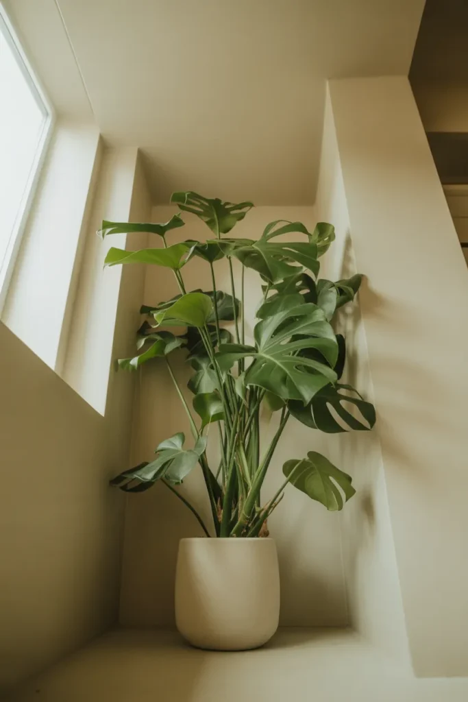 A single large monstera plant in a matte white ceramic pot placed in the corner of a compact living room