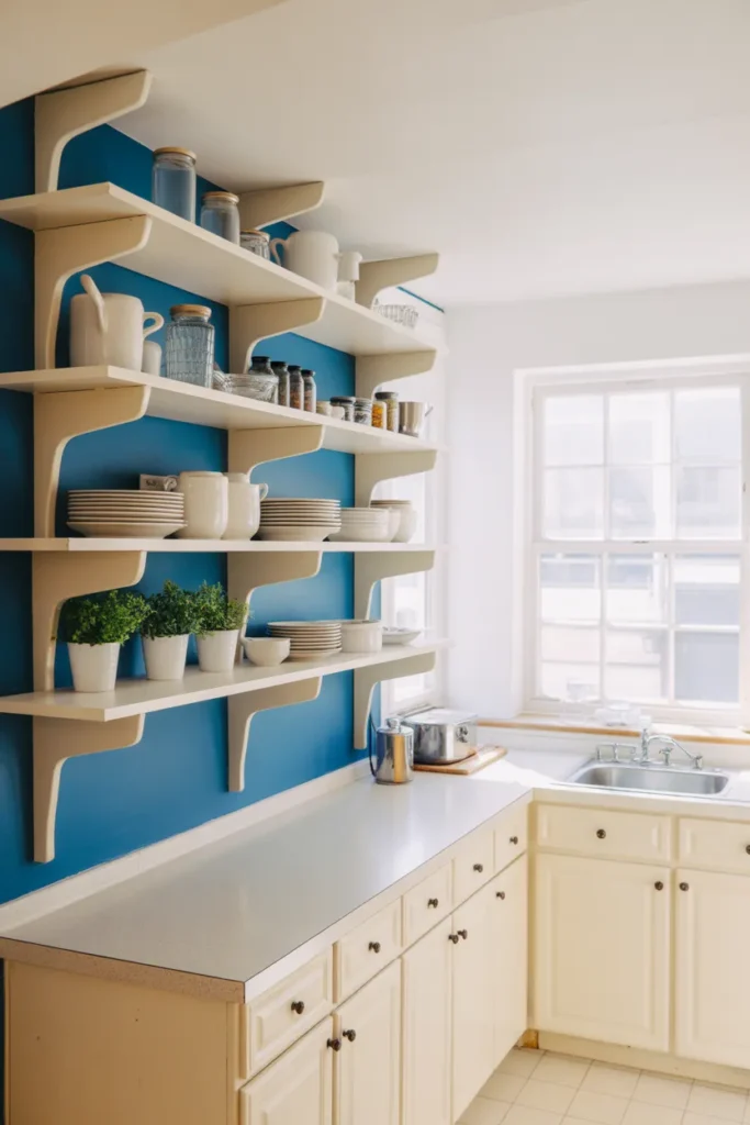A sky blue painted wall visible behind two runs of white-painted open wood shelving