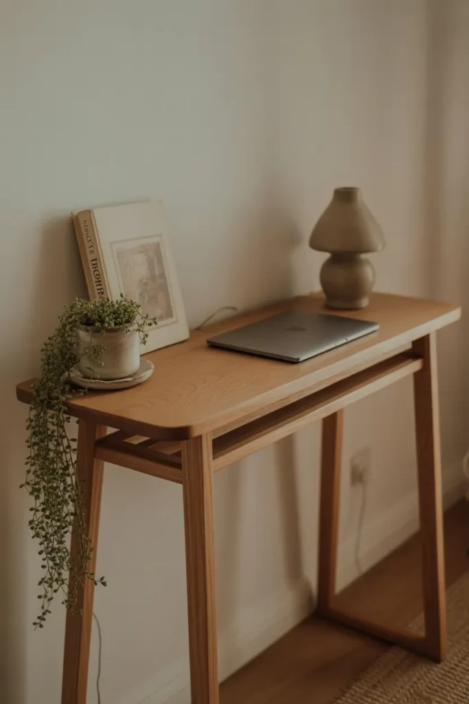 A slim solid oak console table positioned against a living room wall
