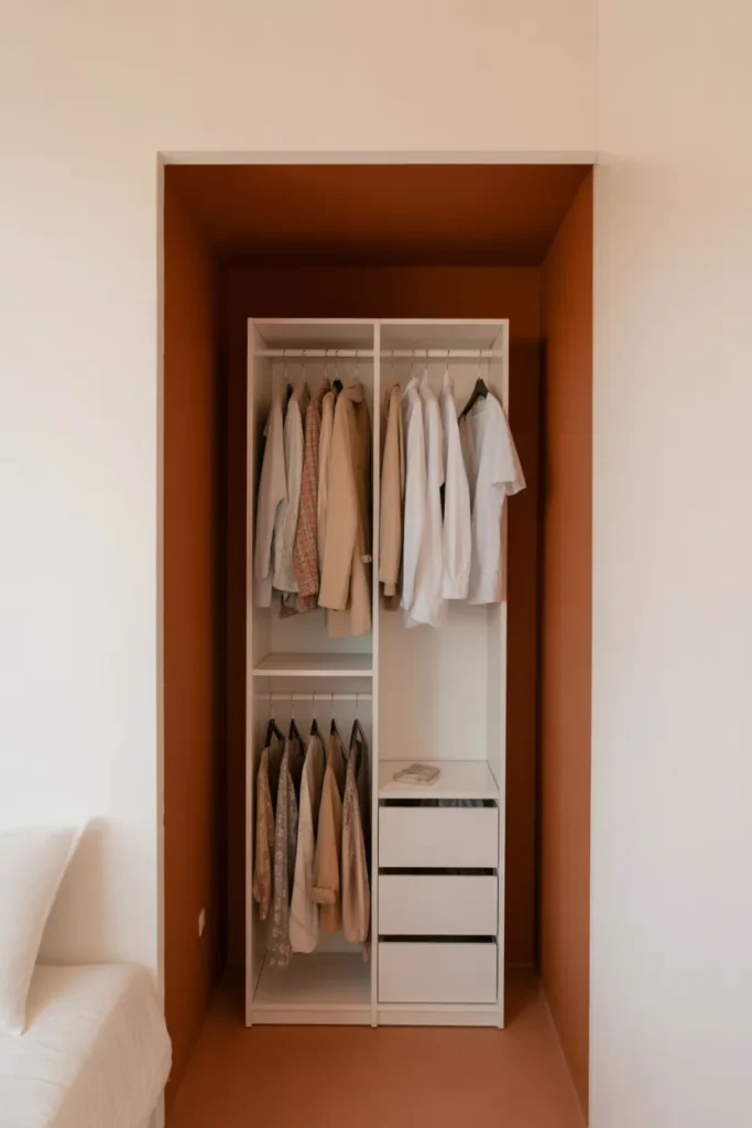 A small bedroom open closet niche