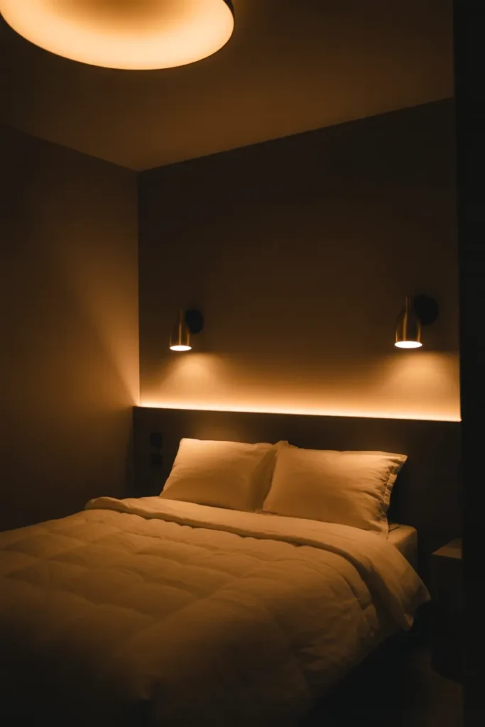 A small bedroom photographed at night with no natural light