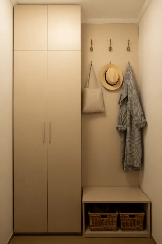 A small bedroom wall showing a tall narrow wardrobe reaching floor to ceiling in matte white