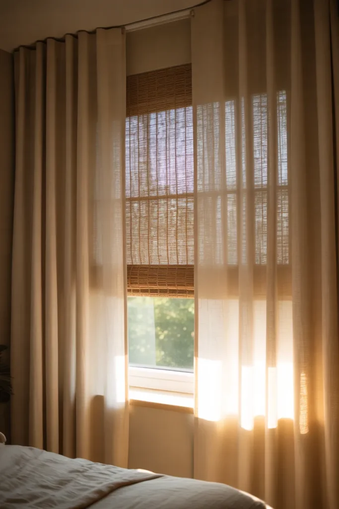 A small bedroom window with ceiling-mounted linen sheer panels
