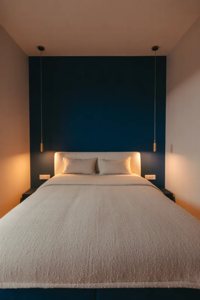 A small bedroom with a dramatic deep navy accent wall behind the bed