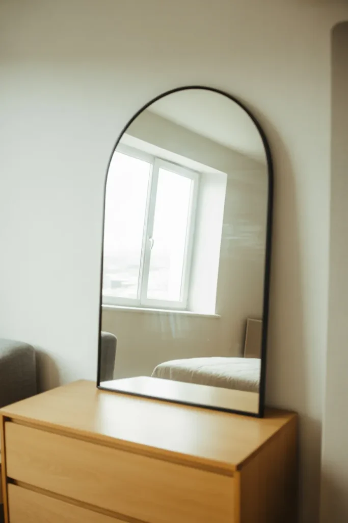 A small bedroom with a large round arch-top mirror leaning against the wall directly opposite a window