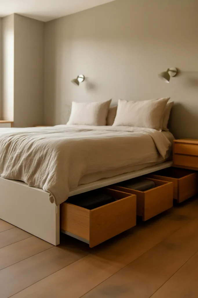 A small bedroom with a low-profile white oak platform bed