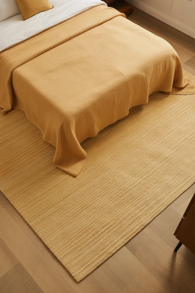 A small bedroom with a queen bed and a generously sized rug