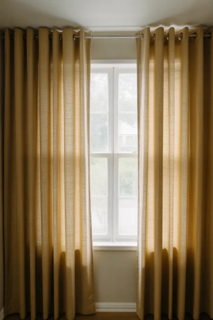 A small bedroom with ceiling-height curtain rods