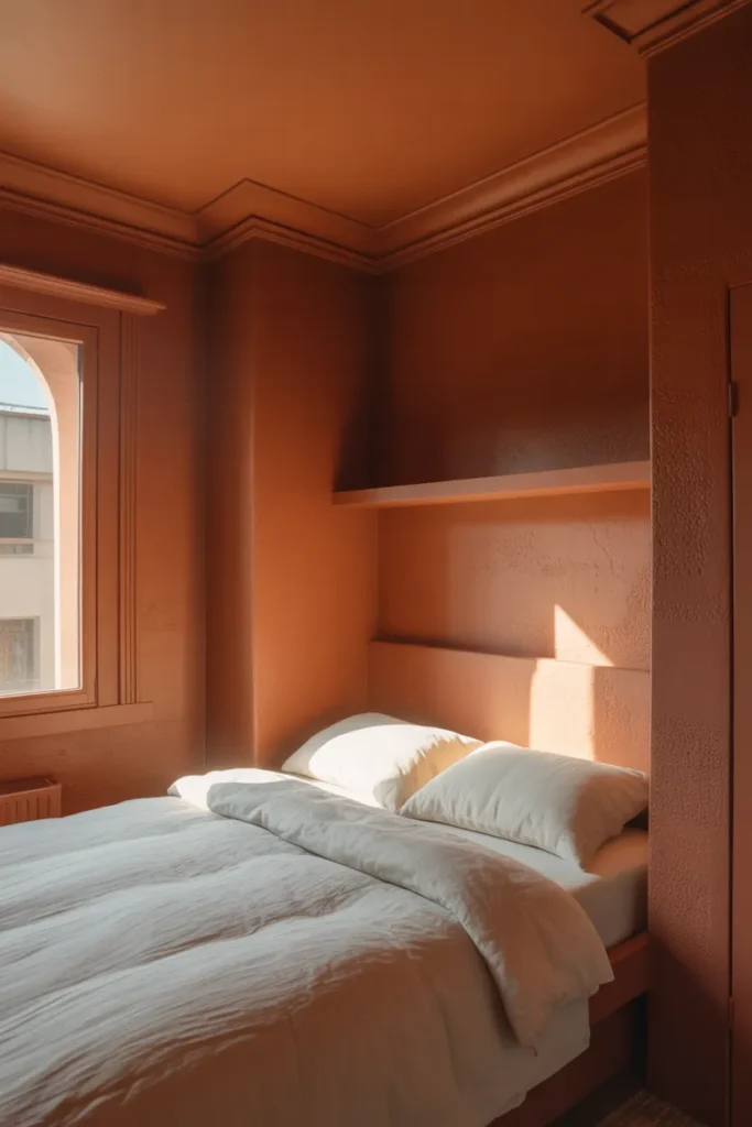 A small bedroom with complete color drenching in warm clay