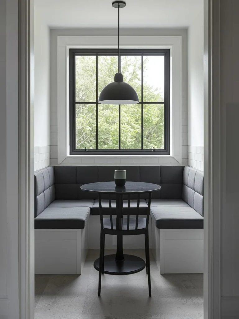 A small dining nook in a kitchen extension with a U-shaped built-in bench