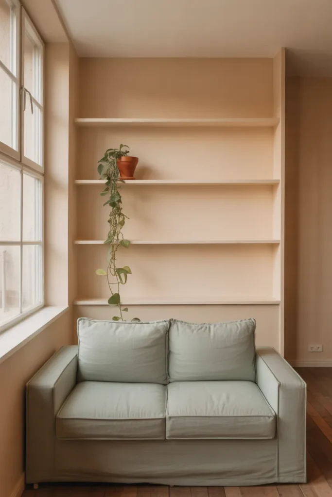 . A small living room in the Greige + Sage + Warm White palette
