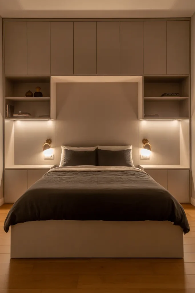 A small master bedroom with a full built-in headboard wall in painted white MDF