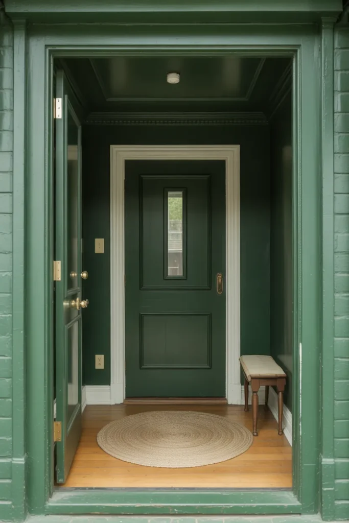A small square foyer with all four walls and ceiling painted in deep forest green