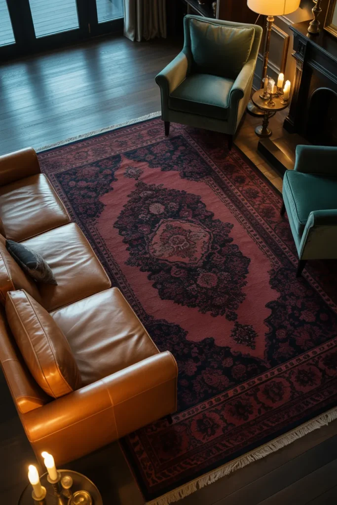 A sophisticated living room with a large dark burgundy vintage-style medallion rug