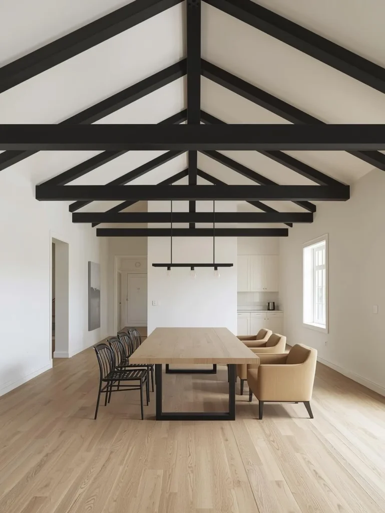 A spacious dining room with a vaulted ceiling