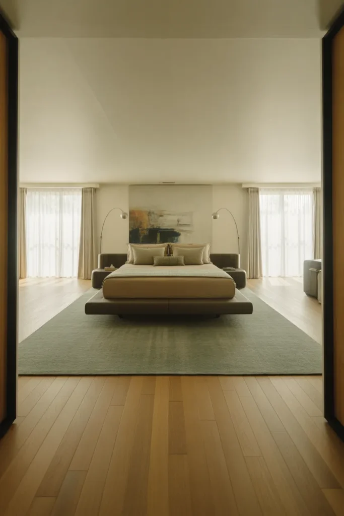 A spacious master bedroom with a king bed floating in the center