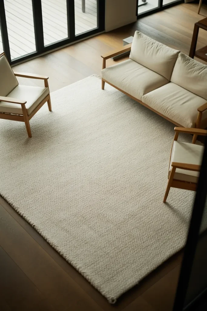 A spacious modern living room with a low-pile ivory wool area rug