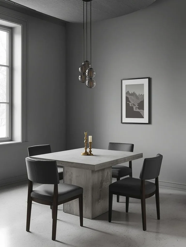 A square dining room in a full tonal grey palette
