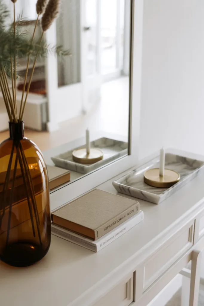 A styled console table in a bright white foyer