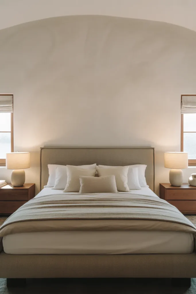 A symmetrical master bedroom with a king-size upholstered greige linen headboard