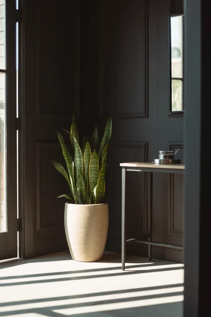A tall ceramic pot with a large snake plant