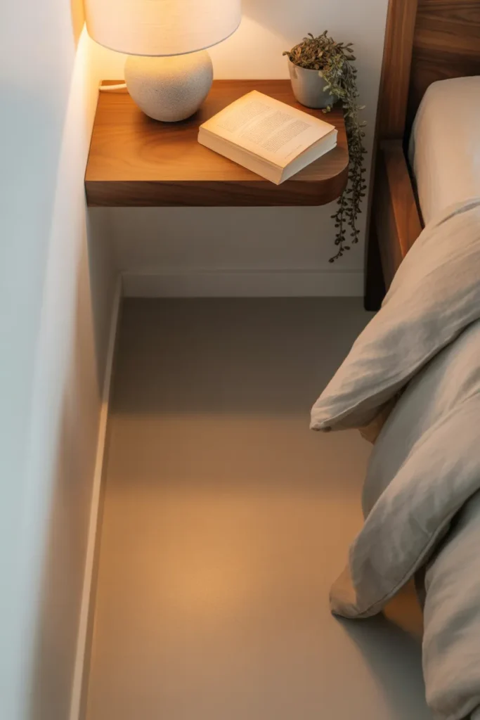 A tight bedroom corner showing a wall-mounted floating walnut nightstand