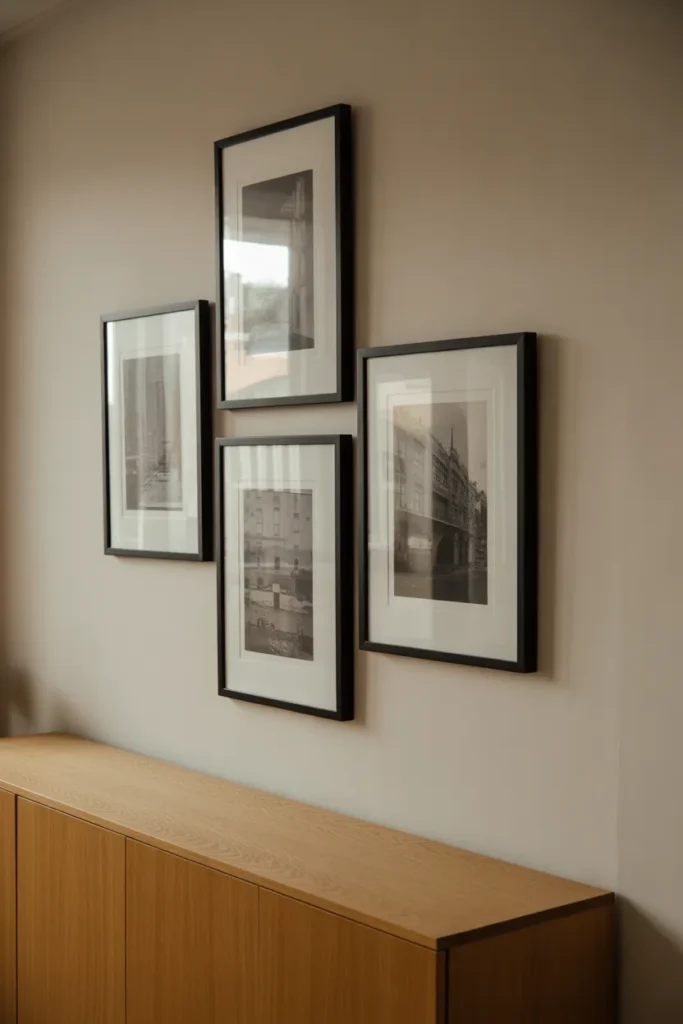A tightly clustered gallery wall of