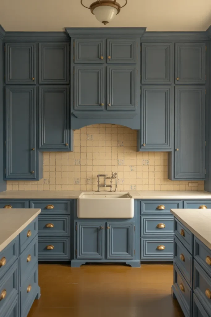 A traditional American kitchen with full-height French blue inset-frame cabinets