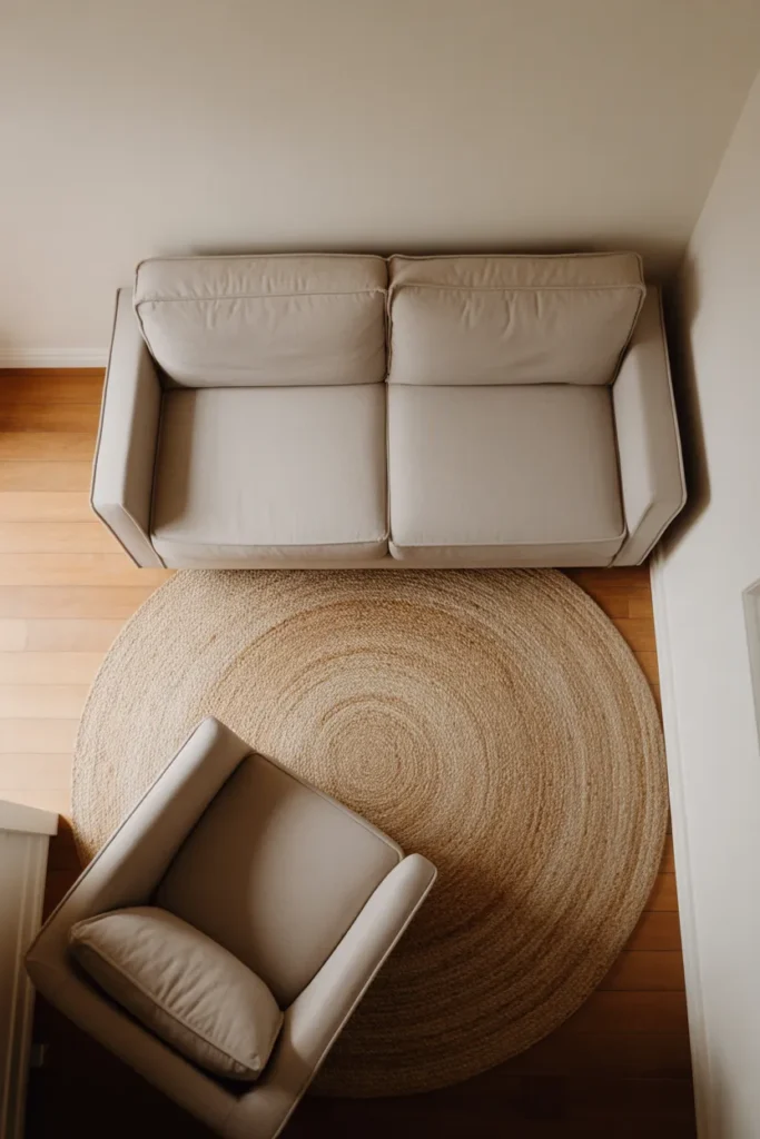 A two-seat sofa floats 8 inches from a white wall