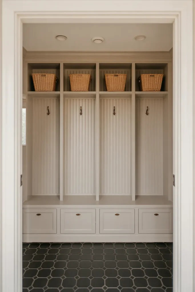 A wide mudroom with four built-in locker units