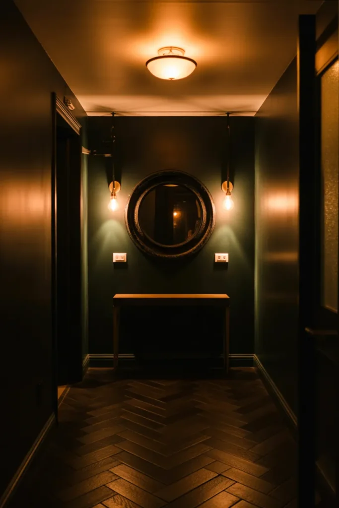 A windowless foyer at night with deep charcoal walls and three warm light sources