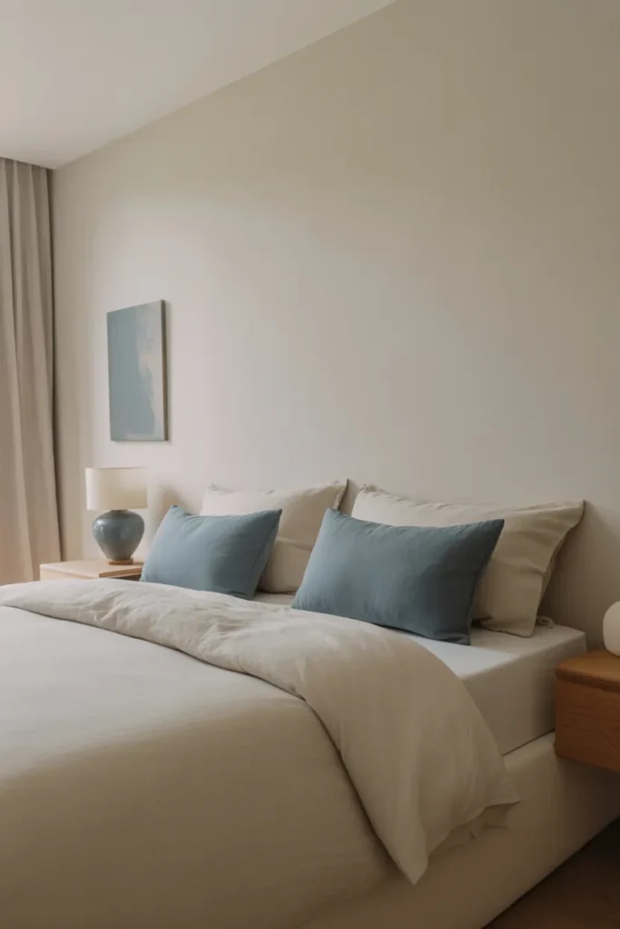 American bedroom with warm white walls and bedding
