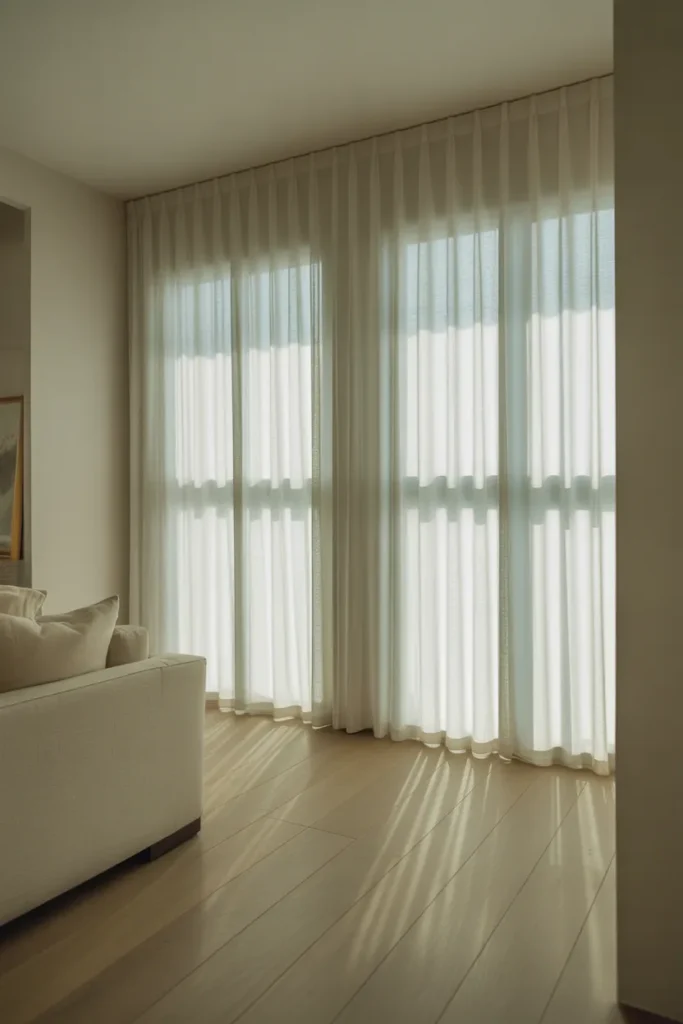 American living room with floor-to-ceiling sheer white linen curtains mounted