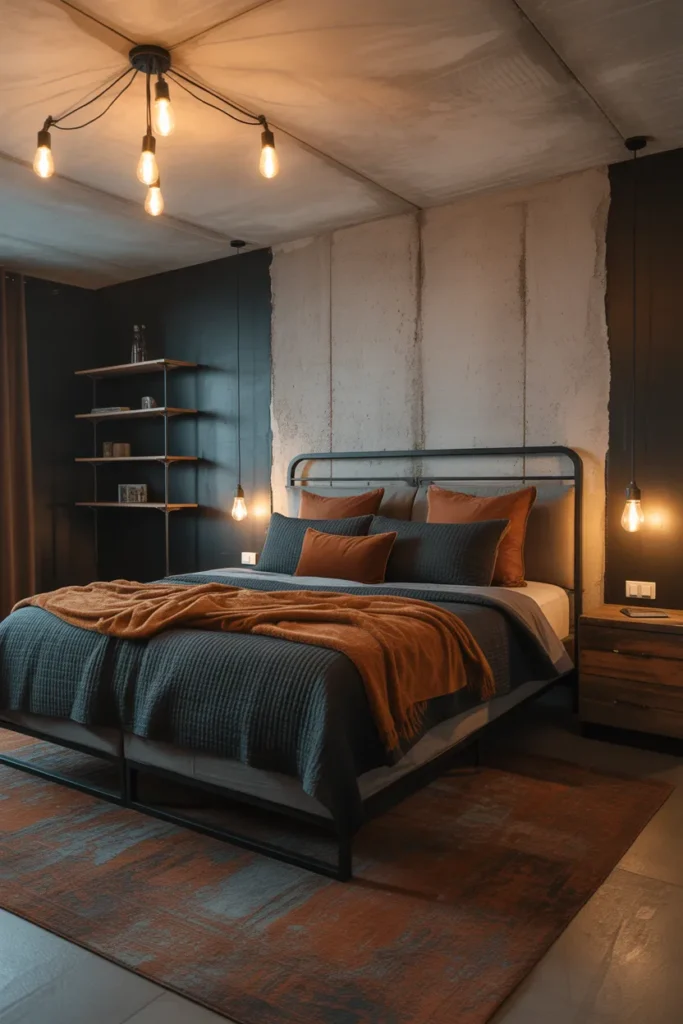 An industrial master bedroom