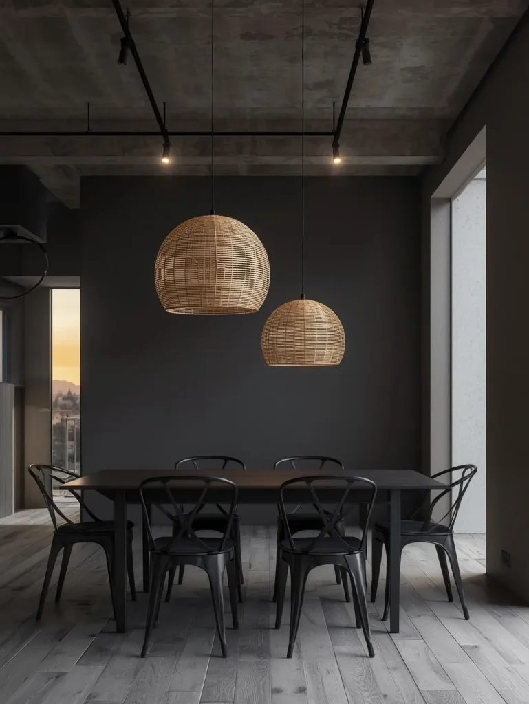 An open-plan dining area with a dark grey painted dining table and four black metal cross-back chairs