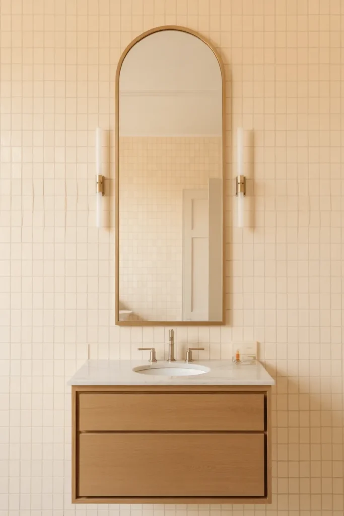 Arched Mirror Above a Single Vanity for Instant Architectural Character