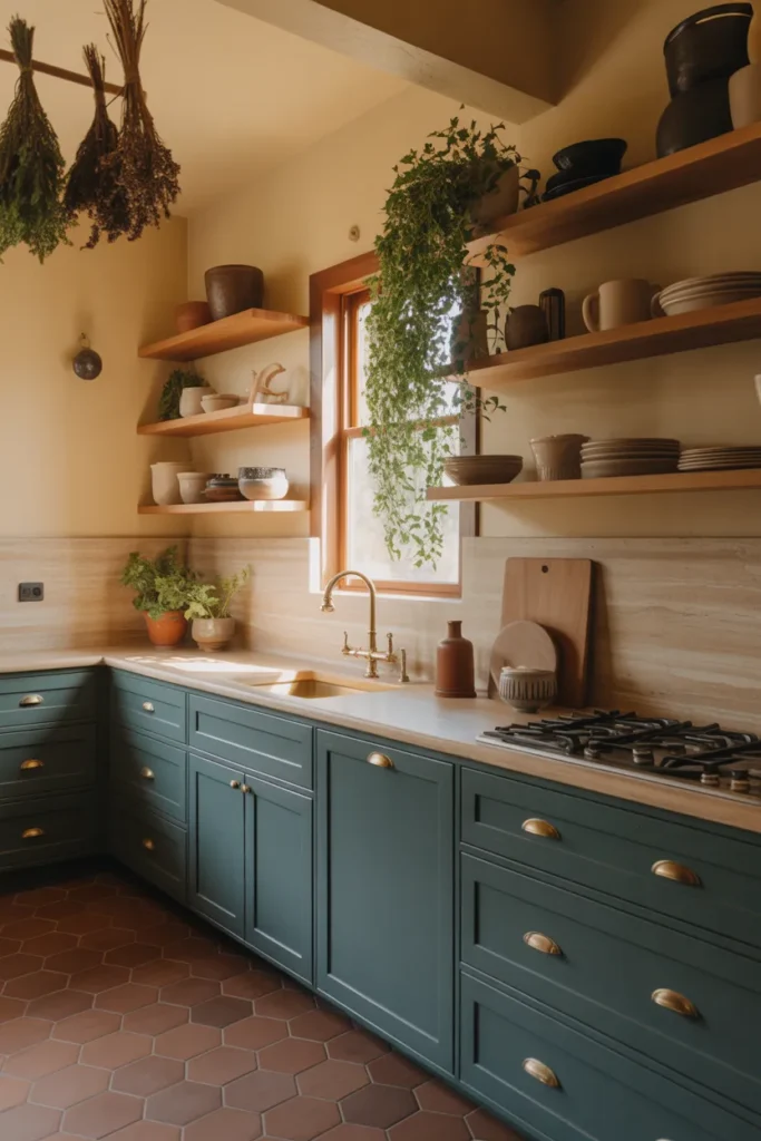 Blue-green sage lower cabinets with unlacquered brass hardware